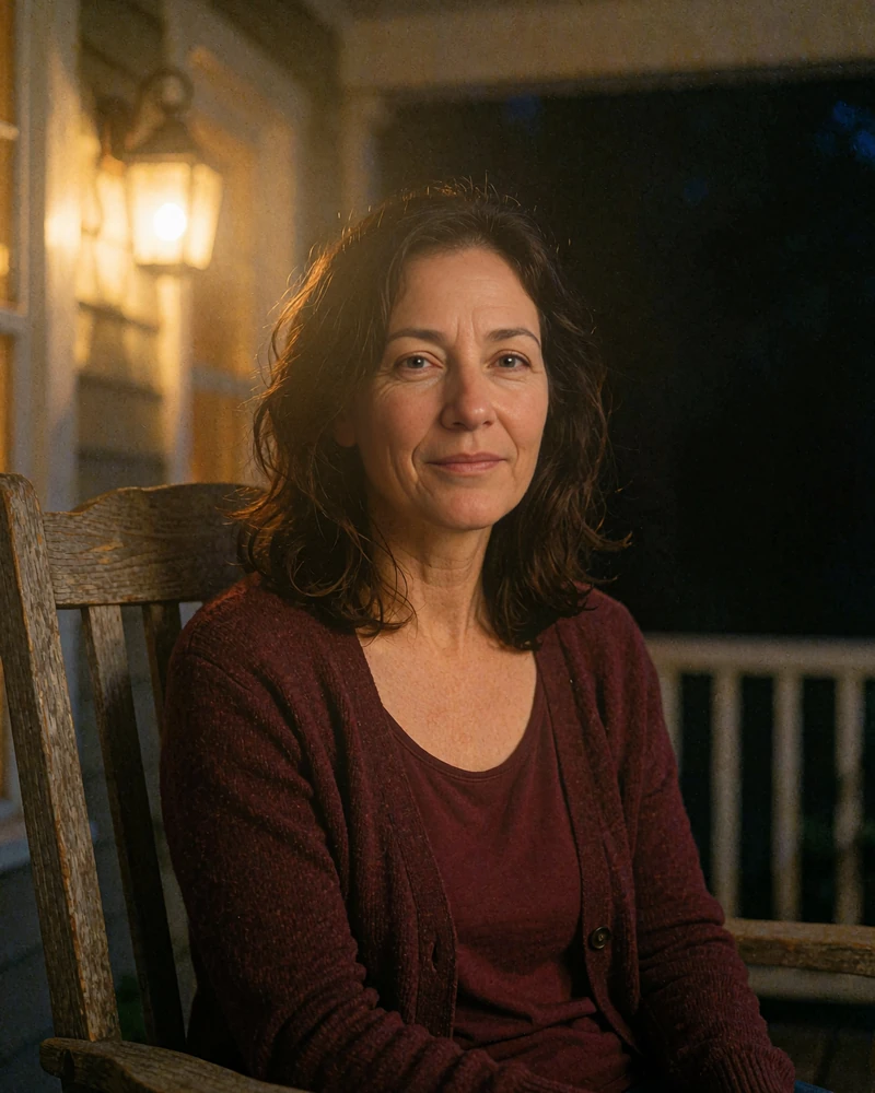 Woman in her forties in a burgundy cardigan on a porch - over-50 dating sites member photo for our MatureSearch review