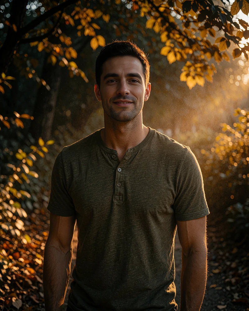 Man in his late twenties in an olive henley on a park path - younger member photo for our MatureSearch dating app review
