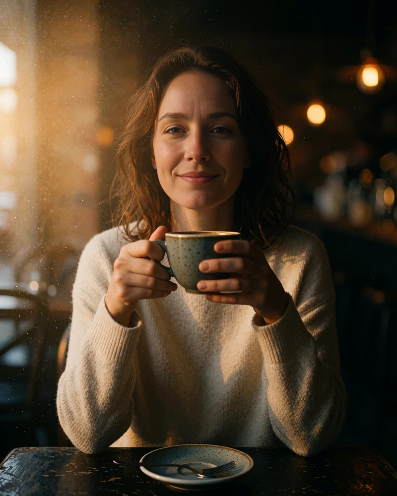 Smiling woman in her thirties holding a coffee cup in a cafe - member feedback photo for our MatureSearch review
